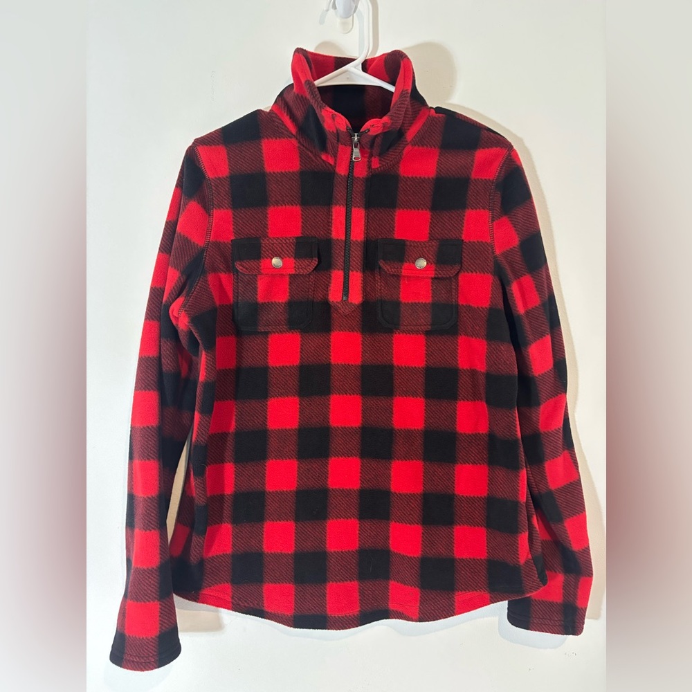 Chaps Womens Medium Fleece Quarter Zip Buffalo Plaid Soft Casual Red Black Shirt